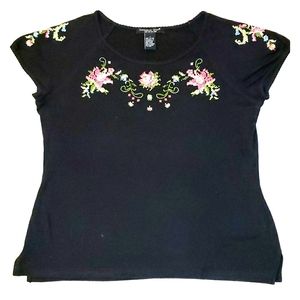 Black Floral Embroidered Cap Sleeve T-shirt M